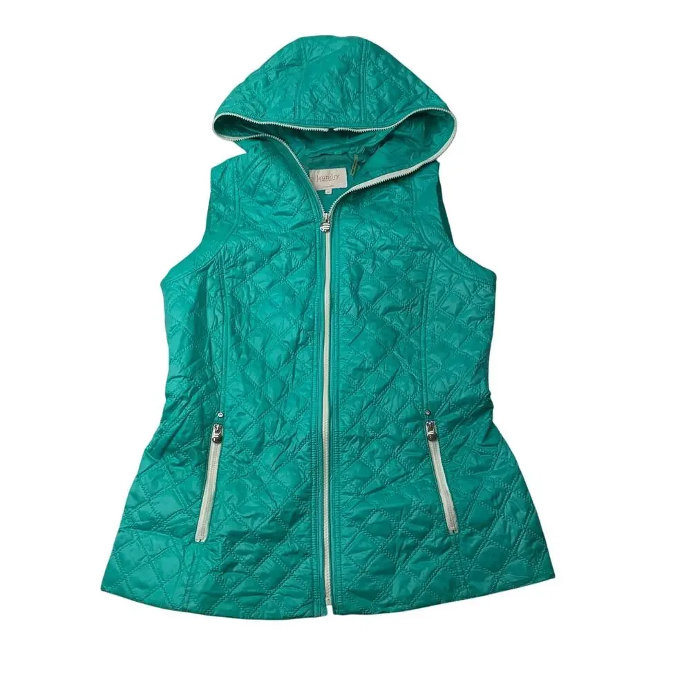 Laundry Shelli Segal Sz M Turquoise Teal Quilted Thin Puffer Vest Full Zip Hood